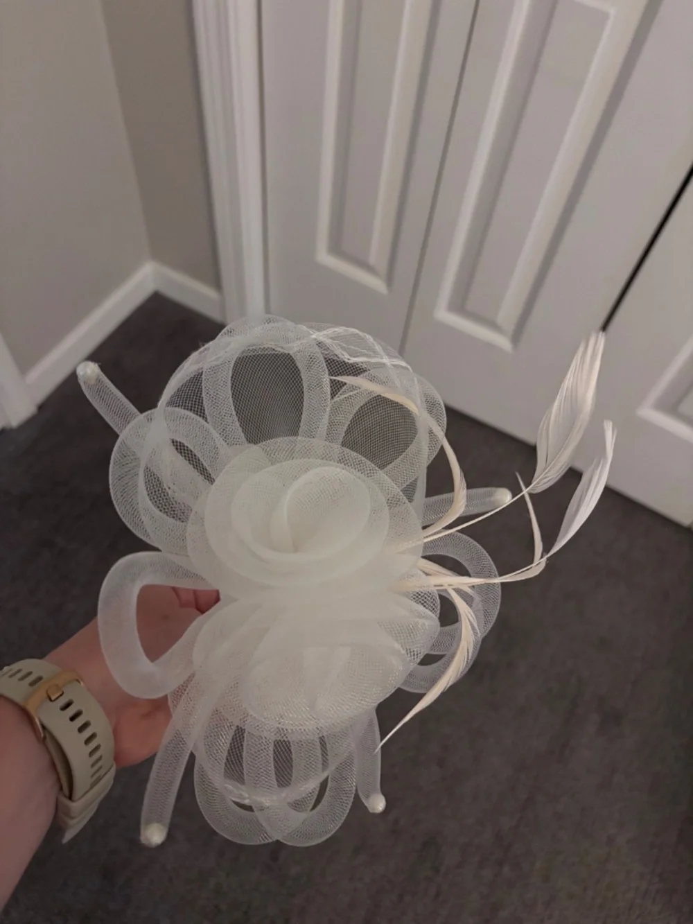 Nathalie Loma Ivory Tulle Fascinator with Feathers & Mesh